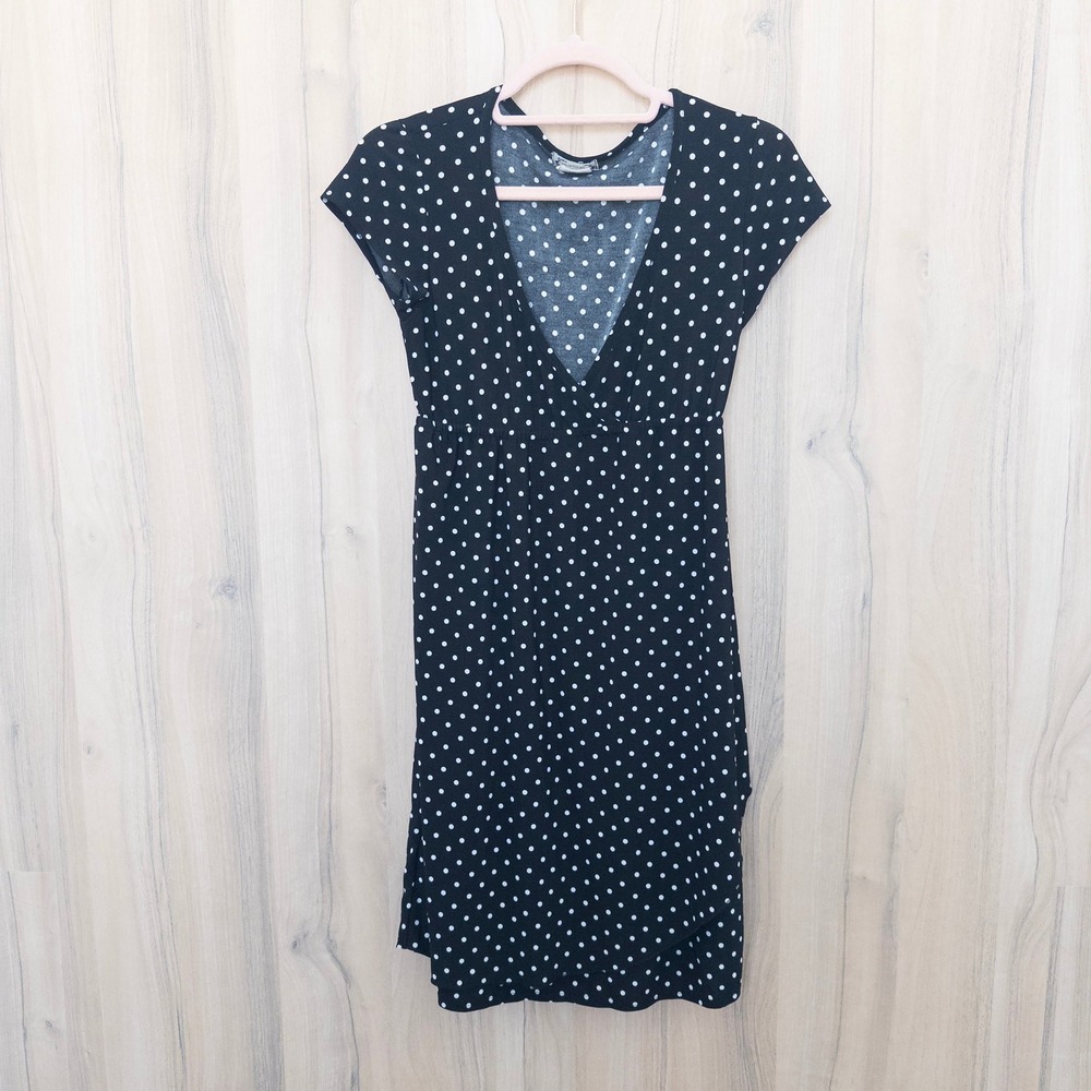 Vintage Polka Dot Mini Dress L Black Faux Wrap Short Sleeve Retro Babydoll Y2K